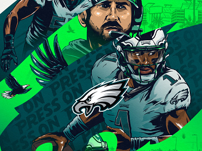 Eagles vs. Buccaneers avonte maddox buccaneers eagles fly eagles fly football go birds green illustration jake elliot jalen hurts nfl nick sirriani philadelphia players playoffs poster sports tampa bay tj edwards wild card