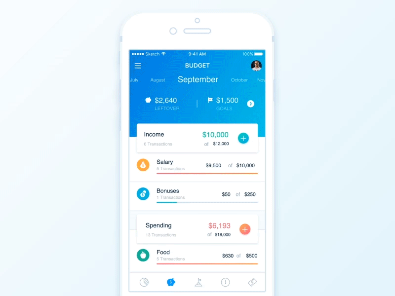 Finance App - Budget page animation app budget clean finance ios mobile money principle transaction white