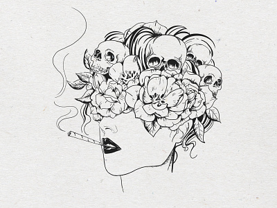 Nightmare black and white fine lines fineart flowers girl hand drawn illustration illustrator skulls smoke