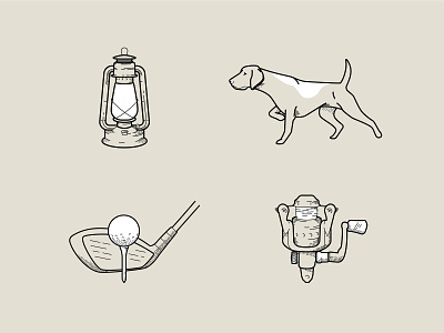 Sports and Outdoors Icon Design camping club dog fishing golf hunting icon iconography lantern linework outdoors rod sports