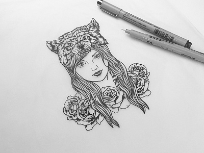 Wild Child black and white design drawing girl graphic design illustration micron progress sketch tattoo wild wolf