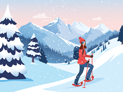 Snowshoeing girl illustration mountains snow snow day snowshoes vector winter