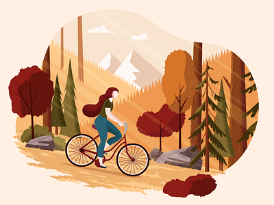 Fall Girl bicycle fall forest girl illustration mountain trees vector woods