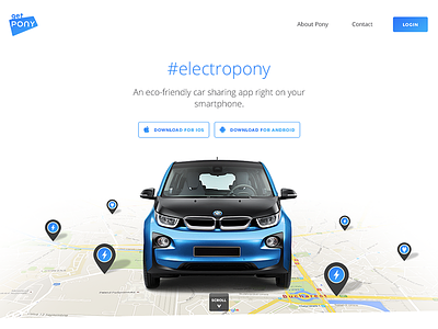 Landing page for an electric car sharing app android bmw car electric ios landing landingpage map minimal pins sharing