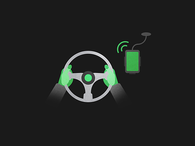 Small illustration for a driving app car driving frontview green hands illustration phone startup wheel