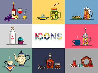 Hot & Cold Drinks Icon Set bagel beer british tea cake demet kural drinks french fries herbal tea icon icon set iconset illustration illustrator lemonade macarone milk turkish tea vector whiskey wine