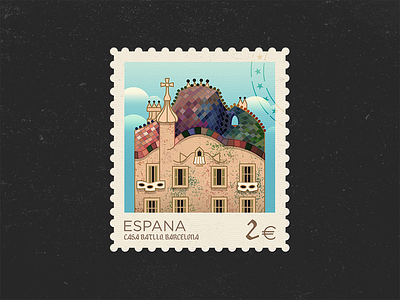 Casa Batlló architecture barcelona building casa batlló catalonia espana gaudi illustration roof spain stamp vector