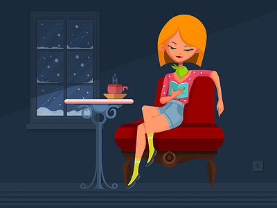 Leisure Time armchair artwork book character coffee girl illustration leisure time reading snow winter woman