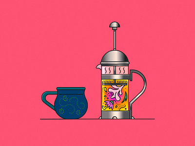 Tea Time artwork cup demet kural french press herbal tea illustration lineart mug stroke teatime vector