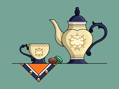 British Tea Time demet kural illustration lineart macaron napkin porcelain stroke tea teacup teapot vector