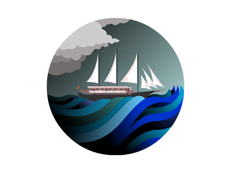 Boat sail boat flat badge ship ocean wave sea demet kural illustration