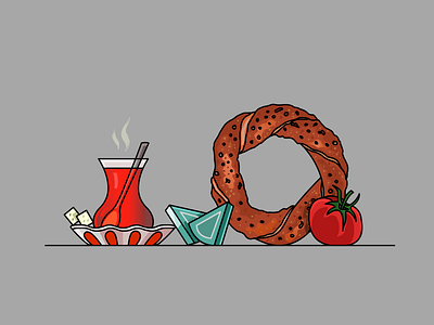 Turkish Tea & Bagel bagel beverage demet kural design icon illustration illustrator lineart stroke turkish tea vector