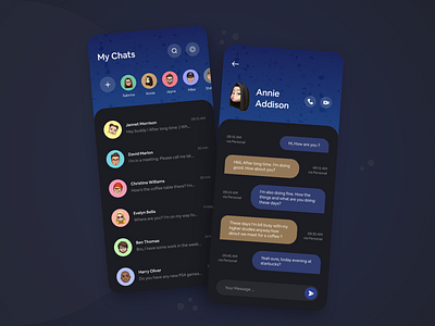 Chat App - Dark Theme app design chat app concept dark ui design message app messaging messenger mobile app design product design ui ui design ux ux design