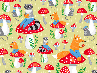 Mushroom cuties amanita design fabric fox mouse mushroom pattern raccoon seamless