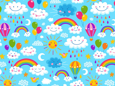 Magic in the sky balloon cloud fabric patter rain rainbow seamless sky smile star sun textile