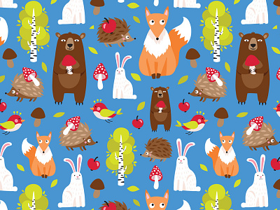 Forest animals bear fabric forest fox hedgehog mushroom pattern rabbit seamless textile tree
