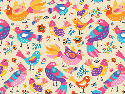 Lovely birds bird cartoon children fabric folk girl kids pattern seamless textile