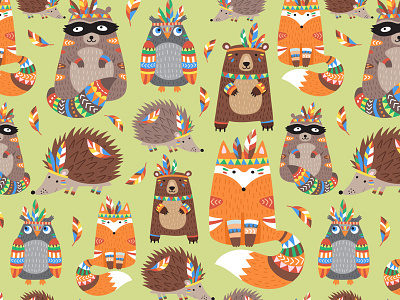 Indians animal bear fabric forest fox funny hedgehog indian owl pattern raccoon seamless