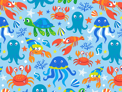 Sea life crab jellyfish ocean octopus pattern sea seamless turtle underwater