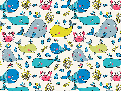 Lovely whales children crab cute ocean pattern sea seamless whale