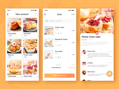 Food application, shopping cart page, list page, comment page comment page food application new product ps shopping cart ui ux 卷筒纸 向量 品牌 应用 插图 设计