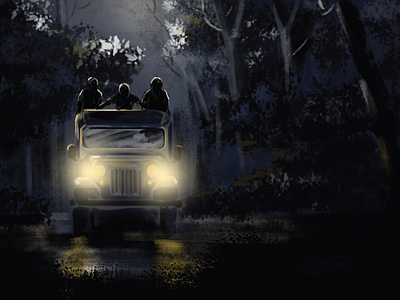 Night Drive character color design digital painting digitalart drawing drive graphic design illustration jeep journey nature night vector