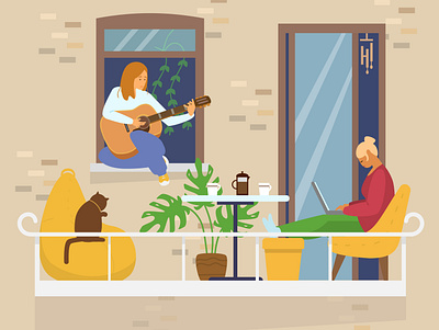 Homies activities balcony beanbagchair cat charachter coffee couple flat girls homie illustration plant playing guitar stayhome vector vectorart working