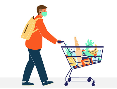 New normal buyer caracter charachter facemask flat food food app grocery illustration man man in mask mask new normal products protection shopping shopping cart supermarket vector vectorart