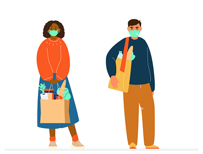 Shopping characters design caracter charachter couple ethnicity face mask flat food groceries illustration man mask safe shopper shopping shopping bag vector vectorart woman