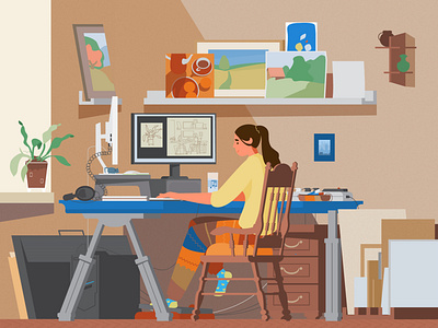 My workplace artist charachter desk disigner flat funny home homeoffice illustration interior paintings room vector vectorart workplace workspace