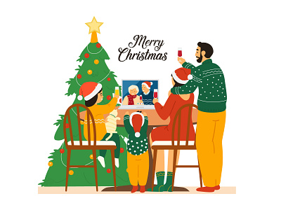 Christmas online charachter cheers children christmas christmas card christmas party christmas tree distant eve family flat grandparents happy holiday illustration laptop online remote vector vectorart videocall