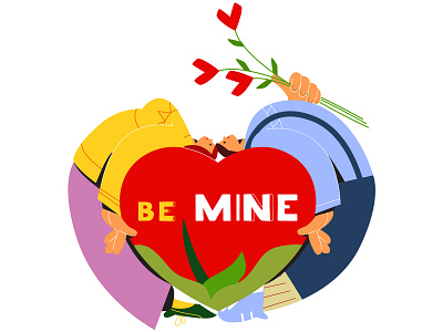 Be mine be mine card charachter couple flat heart illustration in love love valentine valentinesday vector vectorart
