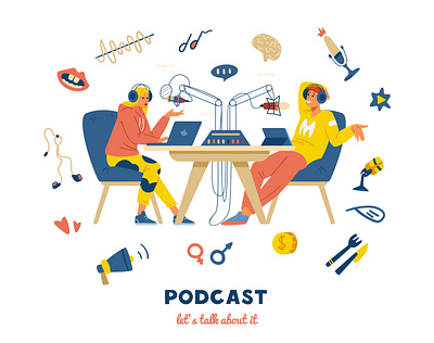 Podcast. Let's talk audio charachter chat couple flat illustration interview mic people podcast radio record show studio talk vector vectorart