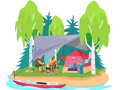 Camping romance awning birch camp fire camping charachter cooking forest hike illustration kayak playing guitar romance summer camp tent wild