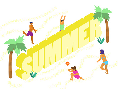 Let's play summer! activities beach illustration isometric isometry palms people summer summertime volleyball