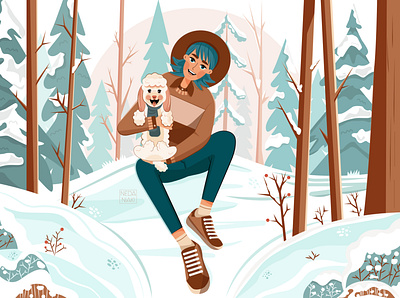 A Warm Hug 2d 2d art art artwork character characterdesign color design flat forest girl illustration illustrator pets puppy snow trees vector winter