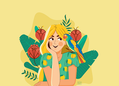 Happy Parrot 2d 2d art branding color colorful design flat flower girl illustration illustrator logo parrot summer ui vector