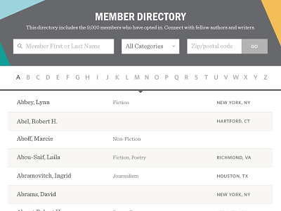Member Directory alphabetical directory filter list listing members table ui ux web
