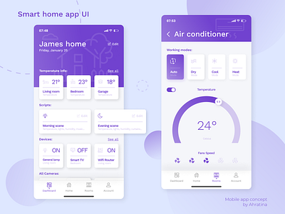Smart home app UI ahratina air air conditioner app application ui card color control control center design design app home smart smart home ui uidesign ux violet