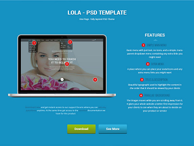 Lola Product Section annotations flat laptop one page parallax product section simple theme transparent typographi