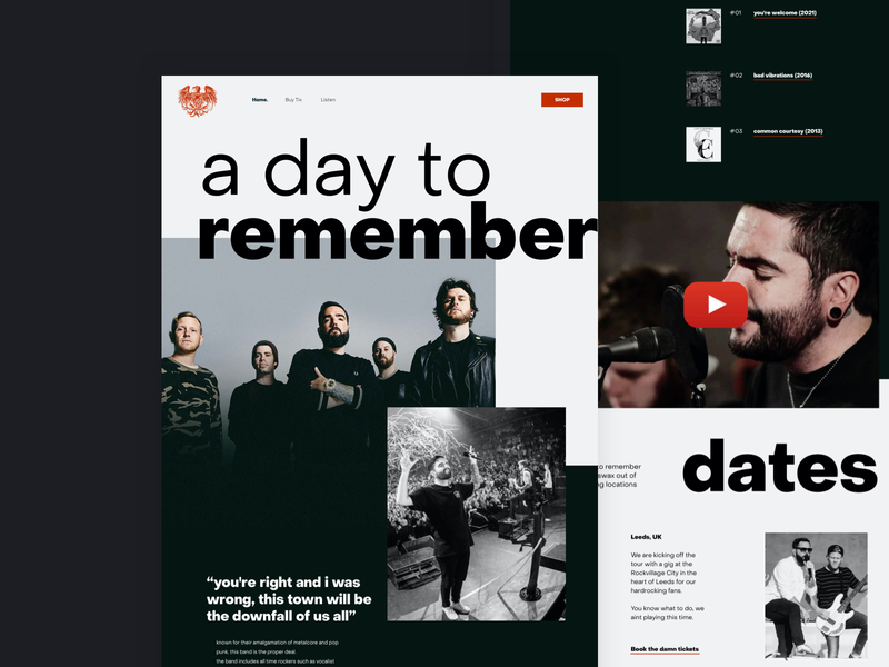 A day to remember - music (rock) band website booking clean conversion design grid interace layout minimal tickets ui ux web website