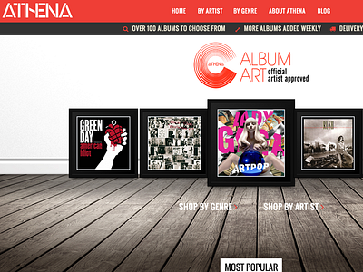 Athena Art (printed and framed album art) album art design front end development home page magento red sass ui webdesign website