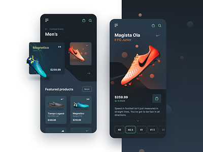 Football Boots - Mobile Shop - Dark Mode app digital e commerce e commerce shop elegant football interface layout minimal mobile mobile app mobileui shadow sport ui uidesign uiux vector