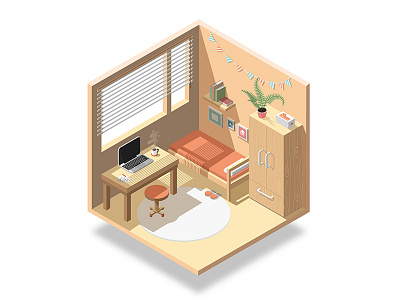 Room apartment bed box carpet coffee computer cupboard interior isometric plant room slippers