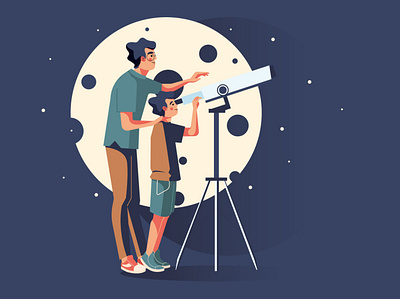 Father with the son - astronomers adobe illustrator astronomer astronomy character child father illustaration monitoring moon moonlight night people son stars vector vector illustration