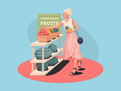 Girl in a fruit shop adobe illustrator character choice fruits girl girl character girl illustration healthy healthy eating healthy food healthy lifestyle illustration pineapple shopping store vector vector art vector illustration vegetables