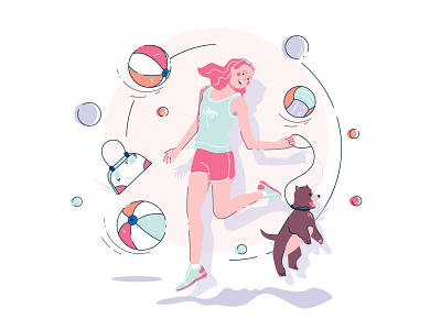 summer girl with a dog adobe illustrator ball dog girl character good day happy happy dog happy girl holidays illustration lineart sport summer summer holiday summer party summertime vector illustration vectorart volleyball walking