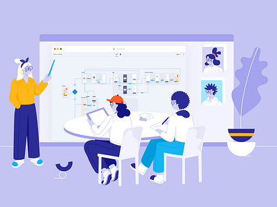 Design presentation with Overflow brand character communication design designer human illustration meeting notes office presentation project remote shapes teamwork ui userflow vector website work