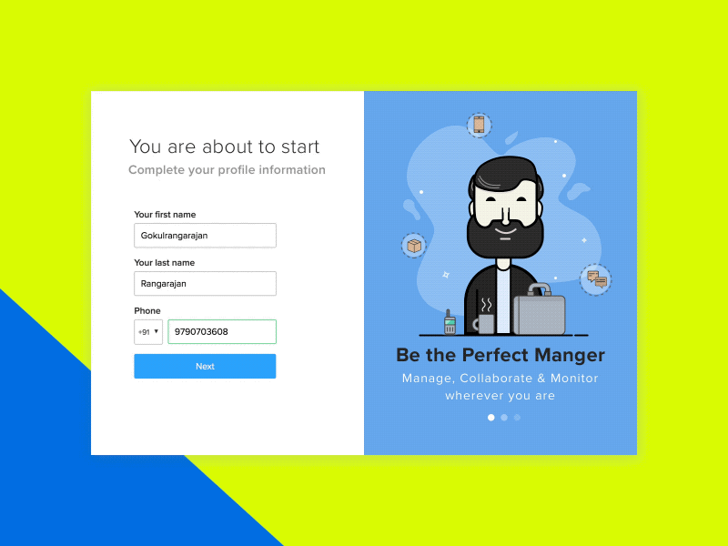Desk-less web app singup process optimisation animation ui ux on-boarding page form singup