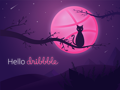 Hello Dribbble! Illustration cat cat and moon illlustration cat illustration design flat hellodribbble illustration minimal moon nature illustration night illustration pink tree illustration vector violet